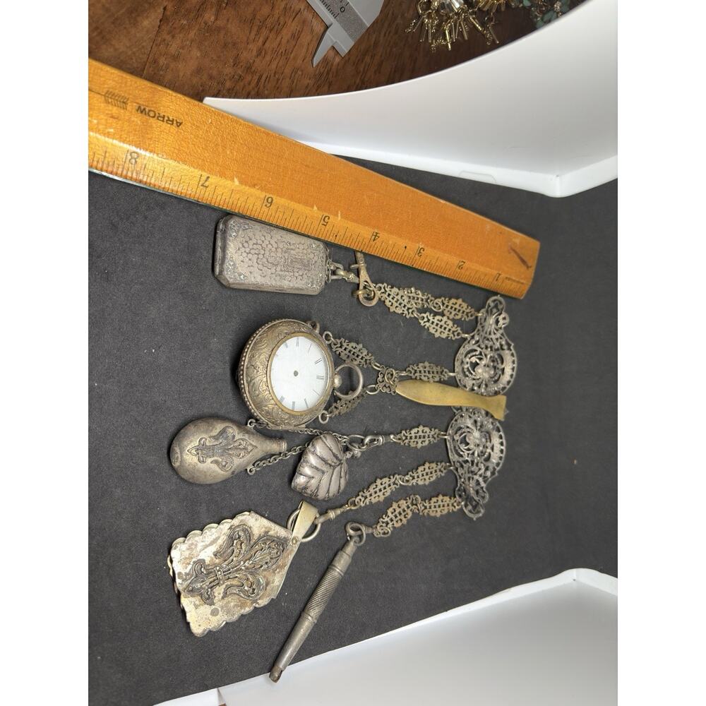 Rare Victorian Chatelaine 19C 7 Piece Scent Bottle Watch Powder Compact Notebook - Picture 11 of 13